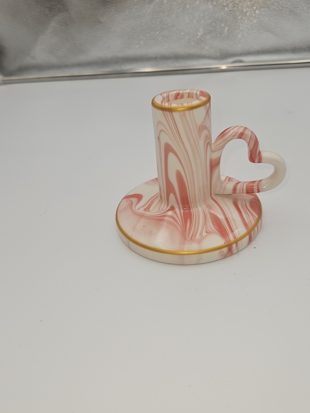Pink Swirl Ceramic Candle Holder with Heart Handle